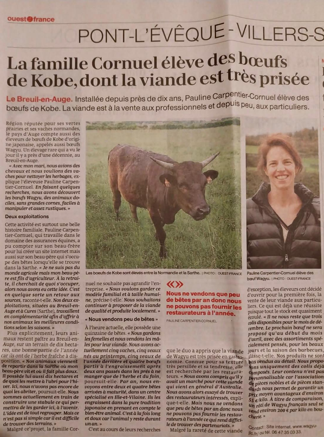 Article du journal Ouest-France sur notre élevage de Wagyu